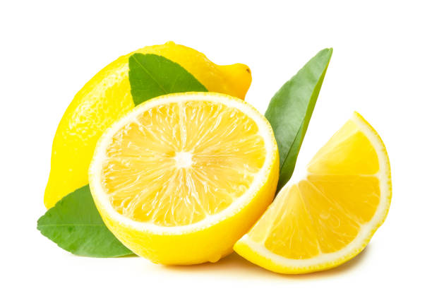 istock Front view of fresh yellow lemon fruit with half or slice and leaf isolated on white background with clipping path 1910749819