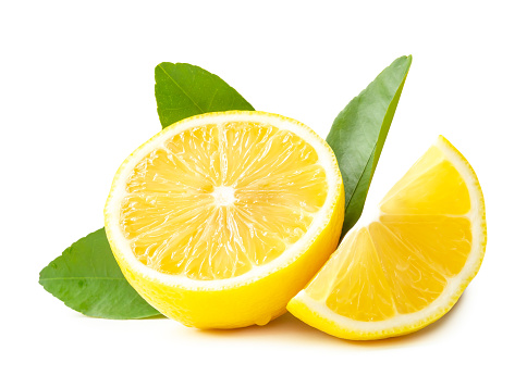 Front view of fresh yellow lemon fruit in half and slice and leaf is isolated on white background with clipping path.