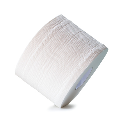 Tissue paper or toilet paper roll for use in toilet or restroom is isolated on white background with clipping path.
