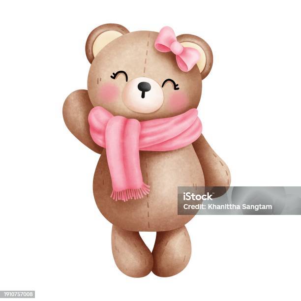 Cute Teddy Bear Girl With A Pink Bow And Hearts Stock Illustration
