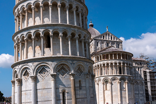 The famous leaning tower at the cathedral of Pisa, Italy