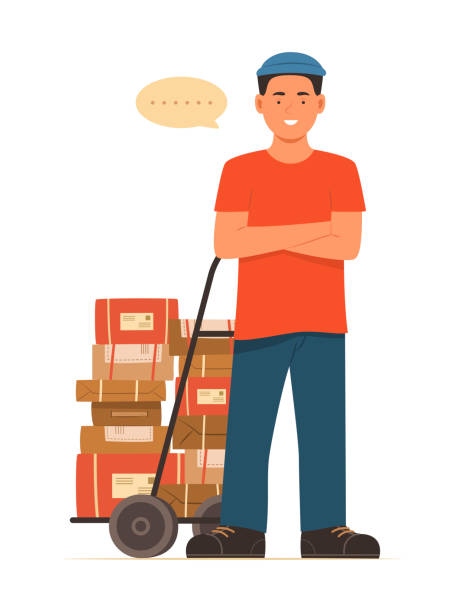 ilustrações de stock, clip art, desenhos animados e ícones de delivery man and trolley with parcel boxes for shipping concept illustration - warehouse working job occupation