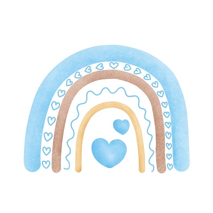 Watercolor blue boho rainbow illustration.Nursery decoration,Valentines day,Greeting cards,Baby shower decoration.