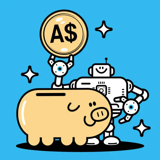 Vector illustration of Future Fortune: AI Fills the Big Piggy Bank, An Artificial Intelligence Robot is going to put money into the Big Piggy Bank