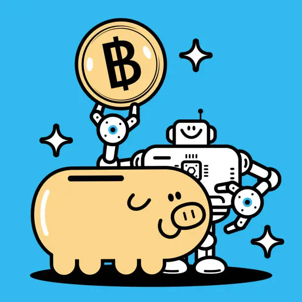 Vector illustration of Future Fortune: AI Fills the Big Piggy Bank, An Artificial Intelligence Robot is going to put money into the Big Piggy Bank