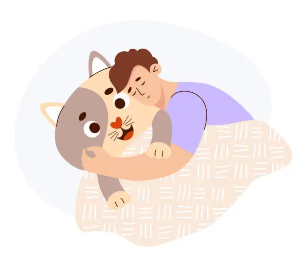 Vector illustration of Sleeping man hugs large cat toy pillow. Soft plush pet. Anti-stress cuddly oversized pillow toy. Cute male character in flat style. Vector illustration.