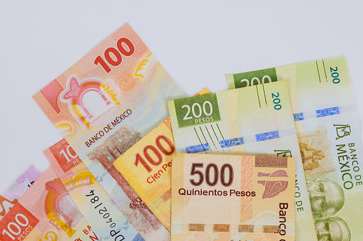 Mexican currency includes banking notes bills in denominations of 500, 200, 50, 20 pesos MXN