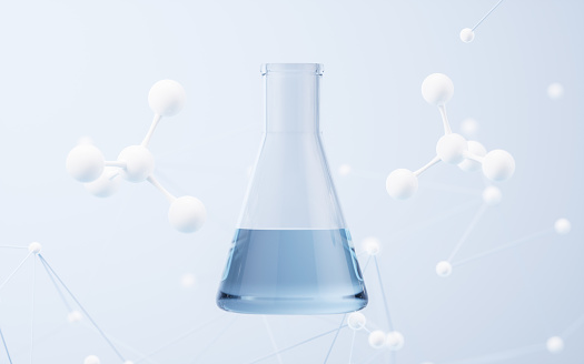 Conical flask with molecule background, 3d rendering. 3D illustration.