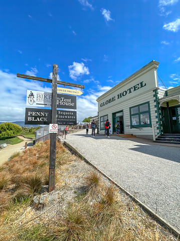Cromwell, South Island, New Zealand - Nov 7 2023: Cromwell's Heritage Precinct, a charming blend of historic architecture, stone craftsmanship, and cultural nostalgia in New Zealand's Otago region