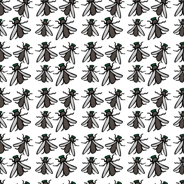 Vector illustration of Seamless vector pattern with flies insect. Flying insects on white background. Colored background with the usual simple flies for funny package or cover.