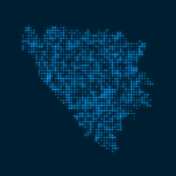 Vector illustration of Bosnia dotted glowing map. Shape of the country with blue bright bulbs. Vector illustration.