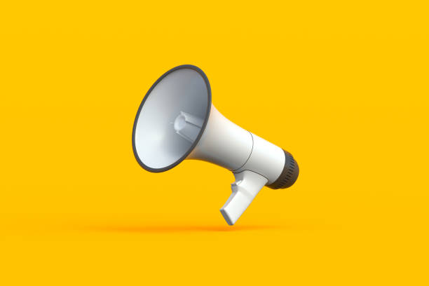 istock Falling megaphone on yellow background. Advertising and distribution. Announcing a new event. Inspirational speech. Call for protest. Danger warning. Discount and sale concept. 3d render 1910915917