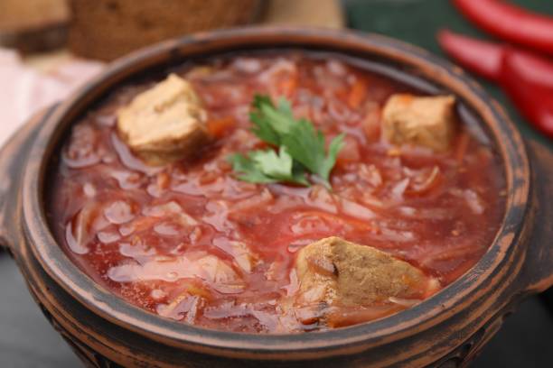 istock Tasty borscht in bowl on table, closeup 1910925036