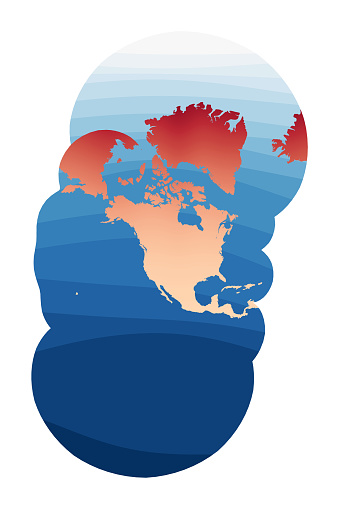 World Map Vector. Modified stereographic projection for the United States including Alaska and Hawaii. World in red orange gradient on deep blue ocean waves. Appealing vector illustration.