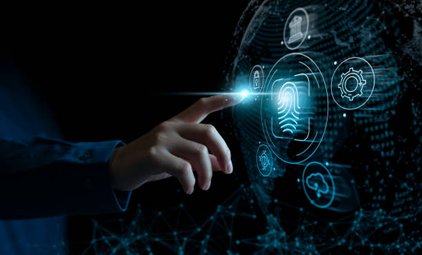 istock Businesswomen login with fingerprint scanning access technology biometrics identification a digital tablet, Authentication security systems and prevent hacker, future technology and cybernetics. 1910937783