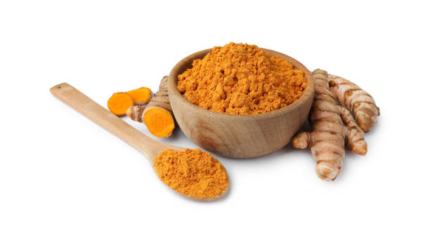 istock Aromatic turmeric powder and raw roots isolated on white 1910941235
