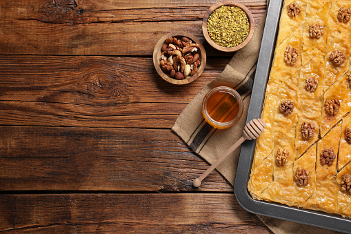 Delicious baklava with walnuts in baking pan, honey and nuts on wooden table, flat lay. Space for text