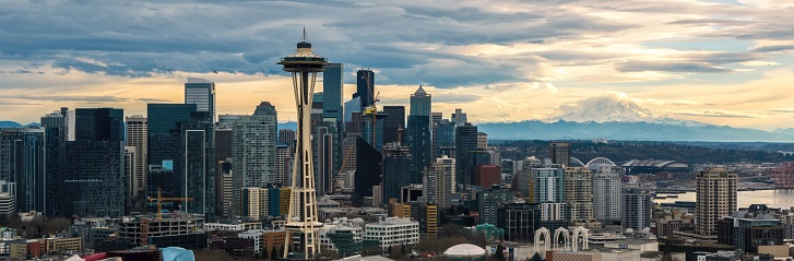 Aerial view of Seattle skyline and Mount Rainier at sunset