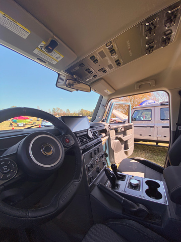 Troy, North Carolina - October 28, 2023: Vehicle interior for INEOS Grenadier on display at the Overlander Project Adventure Summit on NC-109 near Troy, North Carolina.