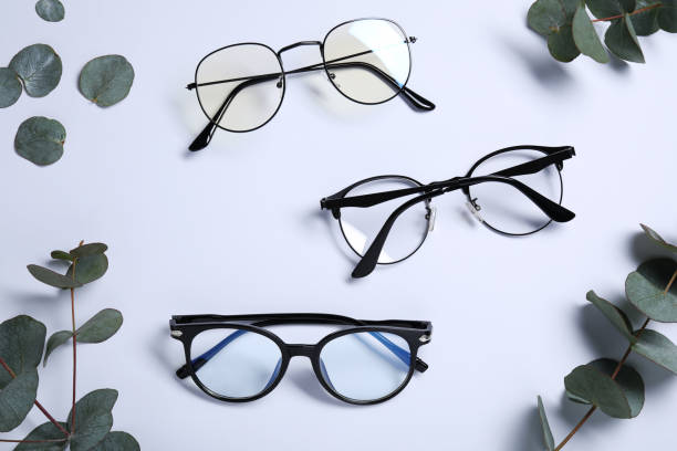 istock Different stylish glasses and eucalyptus leaves on white background, flat lay 1911037915