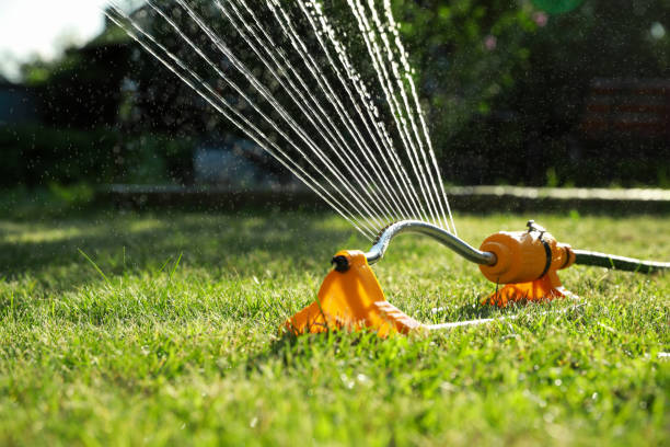 istock Automatic sprinkler watering green grass on lawn in garden. Irrigation system 1911054802