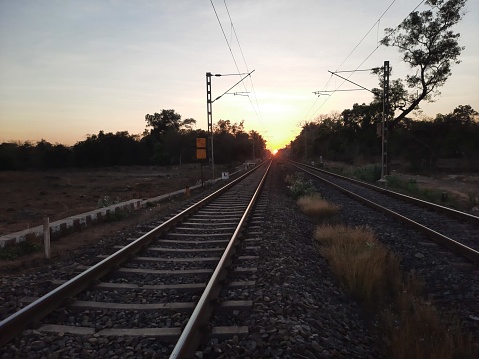 railway in sunset. railway track  over sunset.