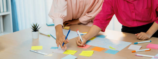 istock Young business group brainstorms ideas on colorful sticky notes. Variegated. 1911104934