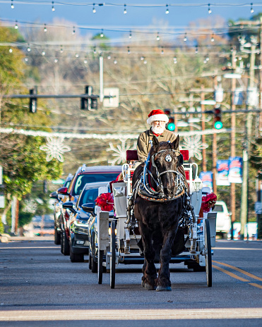 Prattville, Alabama, USA-Dec. 17, 2023: Portrait of traffic backed up behind the horse-drawn carriage traveling on Main Street in beautiful Prattville.