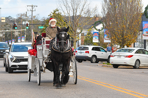 Prattville, Alabama, USA-Dec. 17, 2023: Horse-drawn carriage traveling on Main Street in beautiful Prattville with tourists filming the trip on a cell phone.
