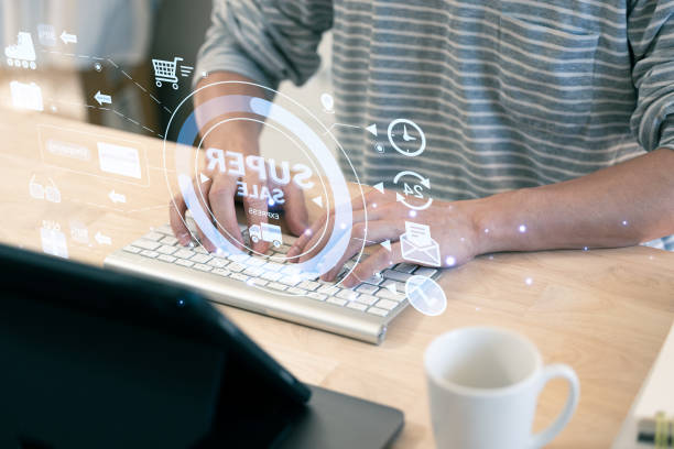 Businessman phone and laptop using , online shopping concept. stock photo