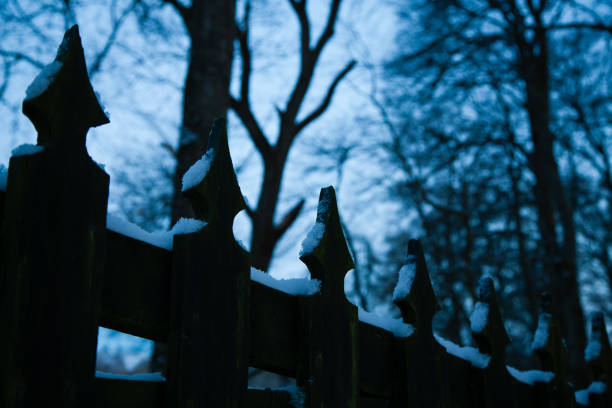 November 29, 2023: The top of and old wooden gate covered with beautiful snow