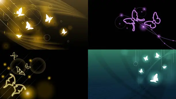 Vector illustration of Set Abstract Collection Dark Background With Butterflies Insects Glow Light Shine Flashes Vector Design Style