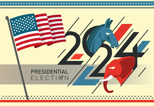 US Presidential Election Banner Background for year 2024. American Election campaign between democrats and republicans. Electoral symbols of both political parties. United States of America USA Flag. Vector Illustration. Old paper rusty background.