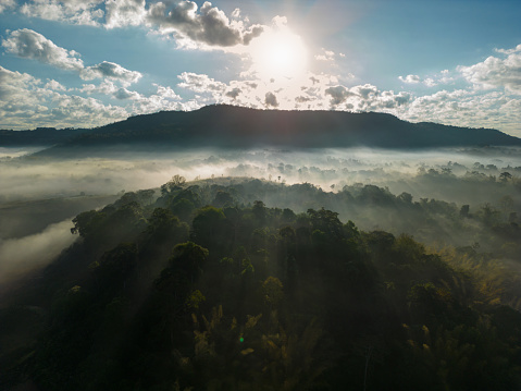 Aerial view of flowing fog waves on mountain tropical rainforest.Top view.Khao Kho, Phetchabun, Thailand.