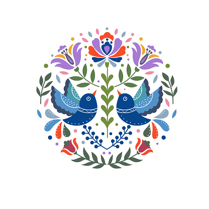 Scandianvian traditional folk art ornament vector design with flowers and birds, inspired by traditional embroidery patterns from Sweden