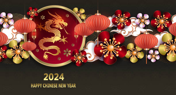 chinesisches neujahrsfest. blumengirlande mit luftballons und drachen im runden rahmen - chinese dragon lindworm mosaic dragon stock-grafiken, -clipart, -cartoons und -symbole