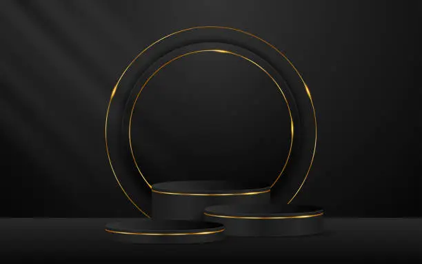 Vector illustration of Multi-layered black podium has a circular shape and gold lines on the back for product
