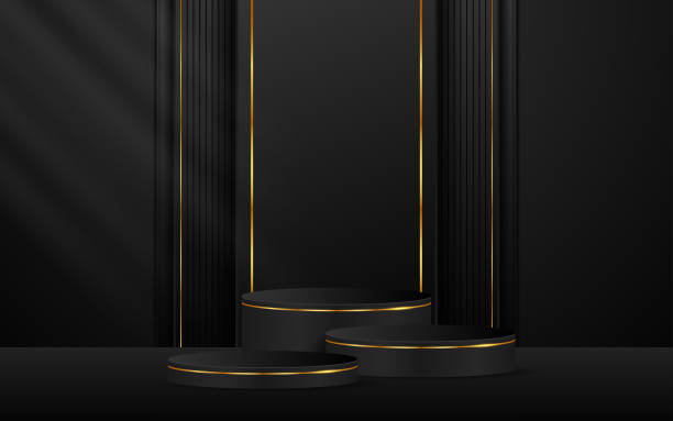 istock Multi-layered black podium with elegant gold lines on the back for product presentation 1911384826