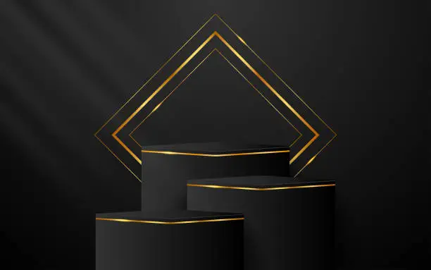 Vector illustration of Multi-layered black podium with elegant gold lines on the back for product presentation