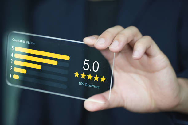 istock Customer review good rating concept, hand pressing user and five star icon on visual screen for positive customer feedback, testimonial and testimony, 1911410713