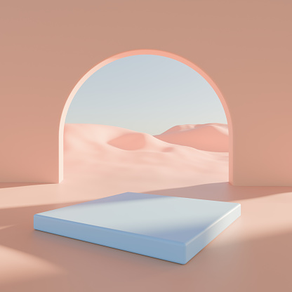 blue square platform in pink room with arch,