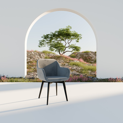 Modern armchair in a surreal landscape with a large arched doorway