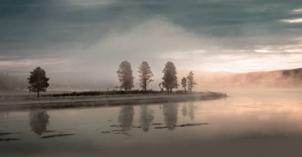 Foggy winter morning at Lake Yellowstone in the Yellowstone National Park, Wyoming stock photo