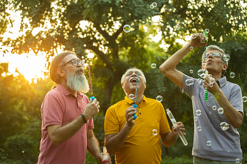 Playful retired male friends blowing bubbles and having fun together while standing against trees in park at sunset