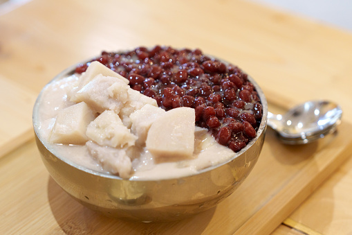 Traditional Taiwanese Summer Street Food Dessert, Shaved Ice with Yam and Red Beans