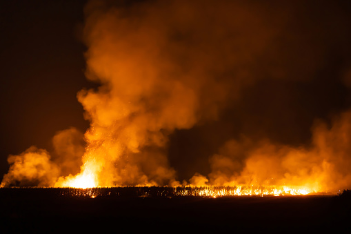 Fire at night, burning the farm at night, with a group of smoke rising into the air.