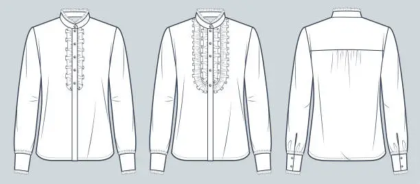 Vector illustration of Ruffle Neck Shirt technical fashion Illustration. Women's Blouse fashion flat technical drawing template, cuffed long sleeve, frilly, button down, front and back view, white, women CAD mockup set.