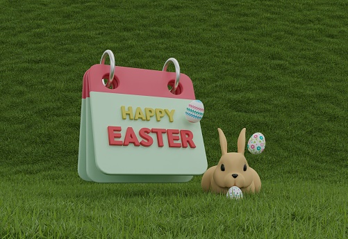 Minimal desk calendar cartoon icon styled with text Happy Easter Day and eggs levitate in midair with bunny rabbit sitting on green grass background 3D rendering illustration