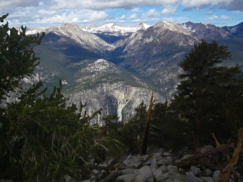 The Rattlesnake Creek gorge with the southern portion of the Great Western Divide as seen from the Boreal Plateau.