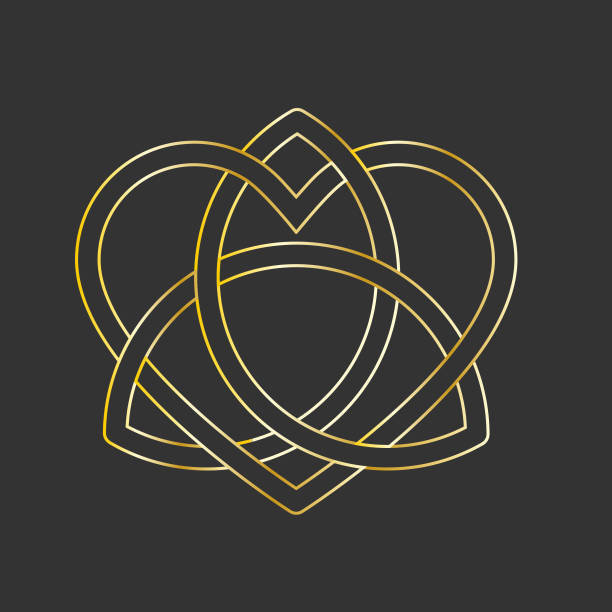 ilustrações de stock, clip art, desenhos animados e ícones de golden triquetra cross thin line. trinity symbol with heart shape. love forever, wedding or passion concept. vector illustration on black background - celtic cross celtic culture triquetra cross shape